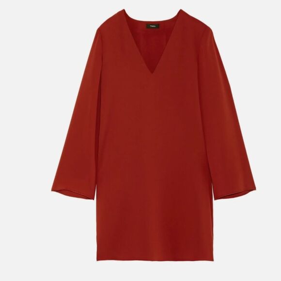 Theory Ulyssa Admiral Crepe Shift Dress Size S Brick Rust Red Bell Sleeve - Picture 7 of 12